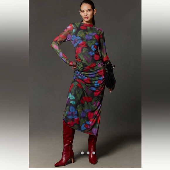 FARM Rio Dresses & Skirts - 🌟LAST ONE🌟Anthropologie NWT Farm Rio Long-Sleeve Mock- Neck Mesh Slim Dress L.
